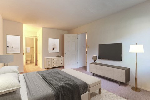 A bedroom with a bed, dresser, and mirror.
