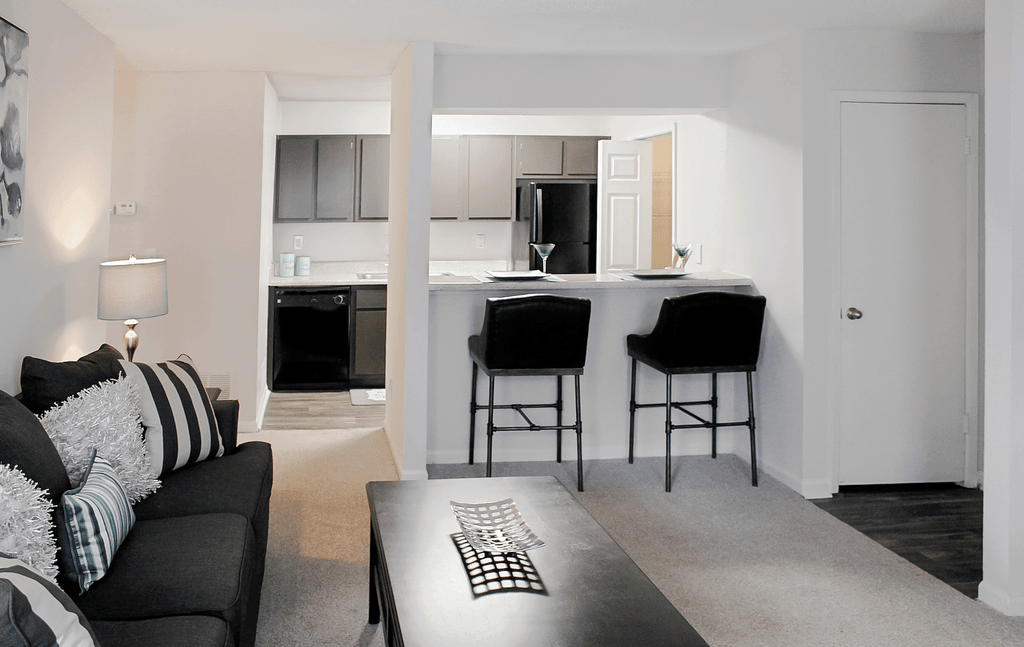 a living room with a kitchen and a couch