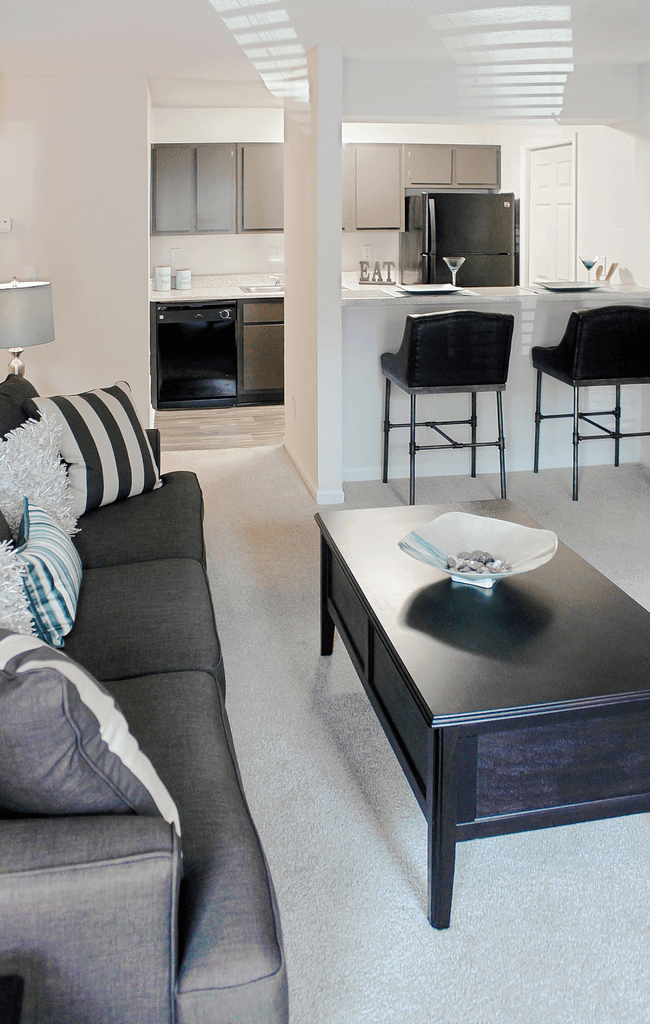 a living room with a couch and a coffee table in front of a kitchen
