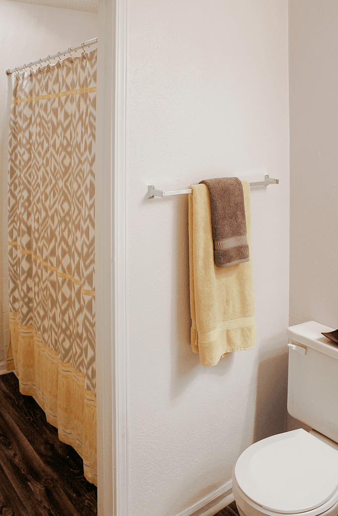 a bathroom with a toilet and a towel rack and a shower curtain