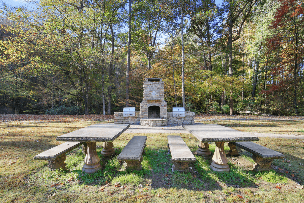 a picnic area with a picnic table and a stone fireplace