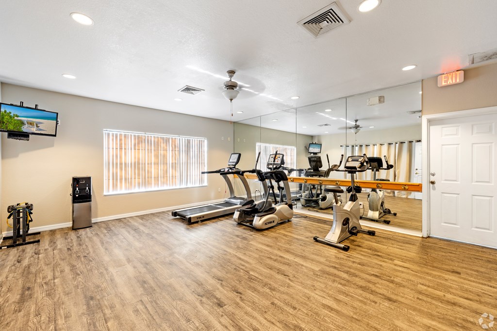 A gym with treadmills, elliptical machines, and a television.