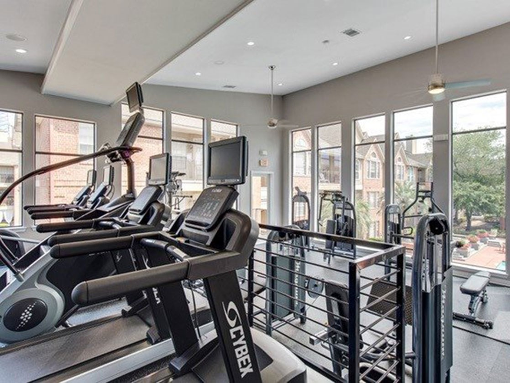a gym with cardio equipment and large windows