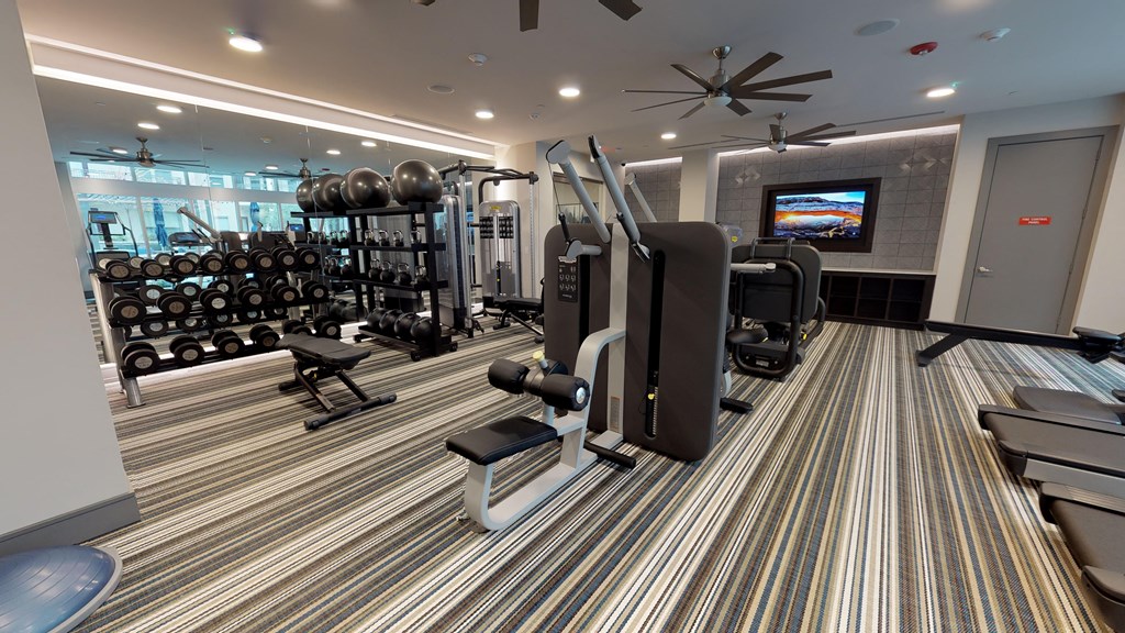 Interior view of fitness center facing treadmills, weights, and other workout equipment