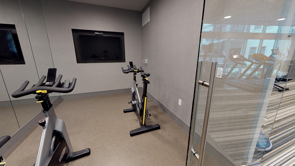 Spin/flex studio facing two exercise bicycles and television