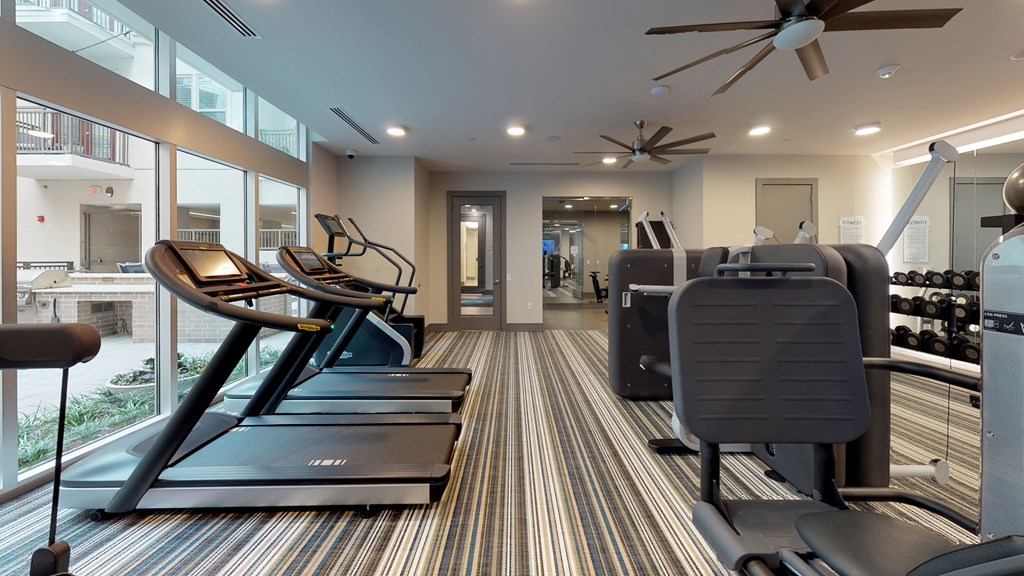 Fitness center facing treadmills and exterior windows