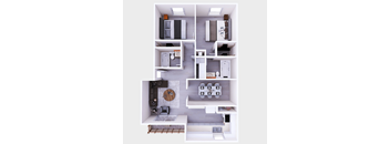 A top-down view of a small apartment with a kitchen, living room, and bathroom.