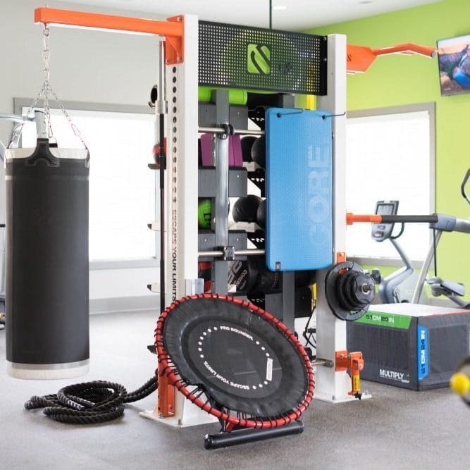 A gym with a punching bag, a weight rack, and a treadmill at Foxwood Apartments, Raleigh-Durham, NC, 27616