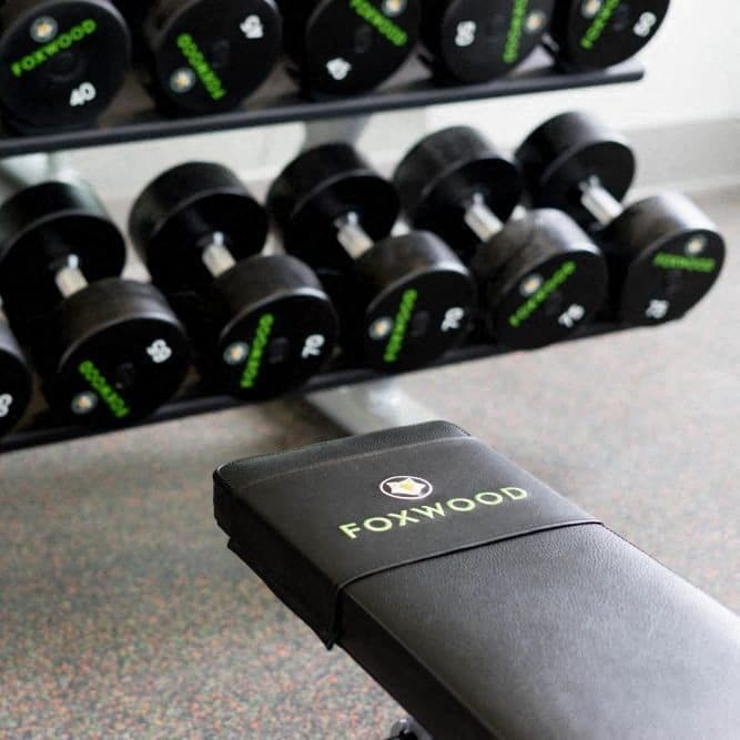 A black weight rack with green numbers and a black weight plate with a green number 2 at Foxwood Apartments, Raleigh-Durham, 27616