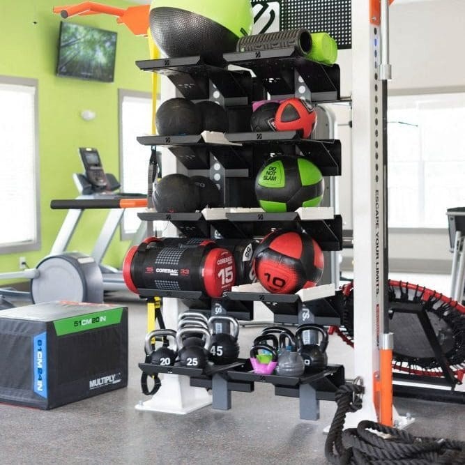 A gym with a green wall and a variety of equipment including weights and a rowing machine at Foxwood Apartments, Raleigh-Durham, NC