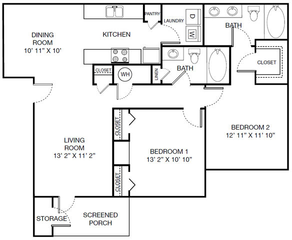 Harbor Creek Traditional B Floor Plan 2 Bedroom 2 Bath