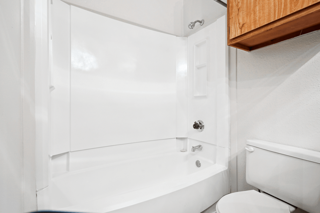 a bathroom with a white bathtub and a white toilet