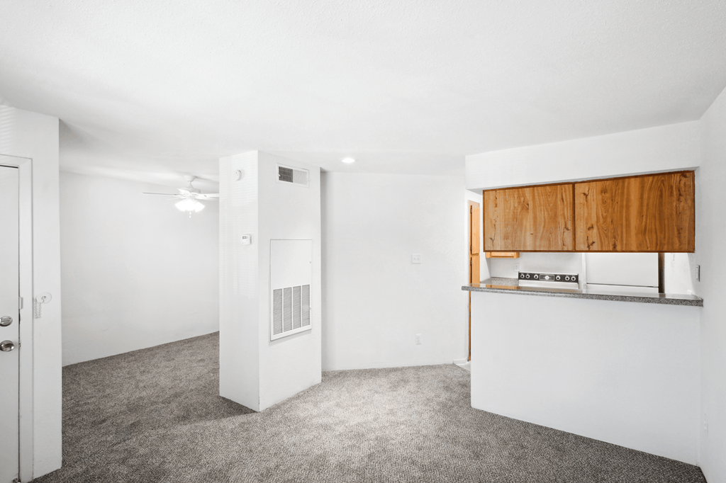 a bedroom with a medium sized bed and a ceiling fan