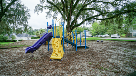 a playground with a yellow slide and a blue slide