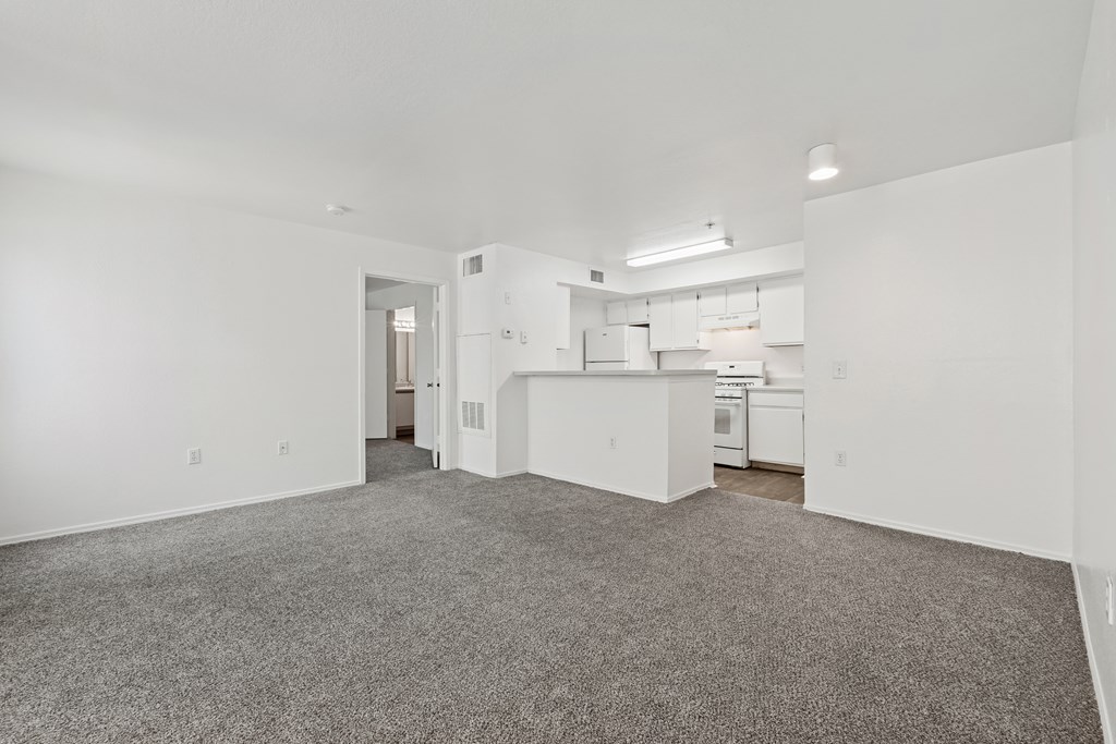 A large empty room with a carpeted floor and white walls.