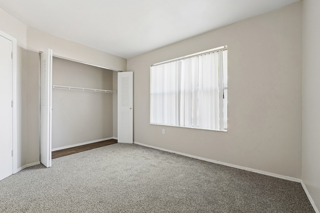 A room with a grey carpet and a window with white curtains.