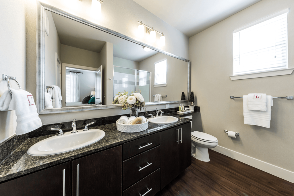a bathroom with a large mirror and two sinks