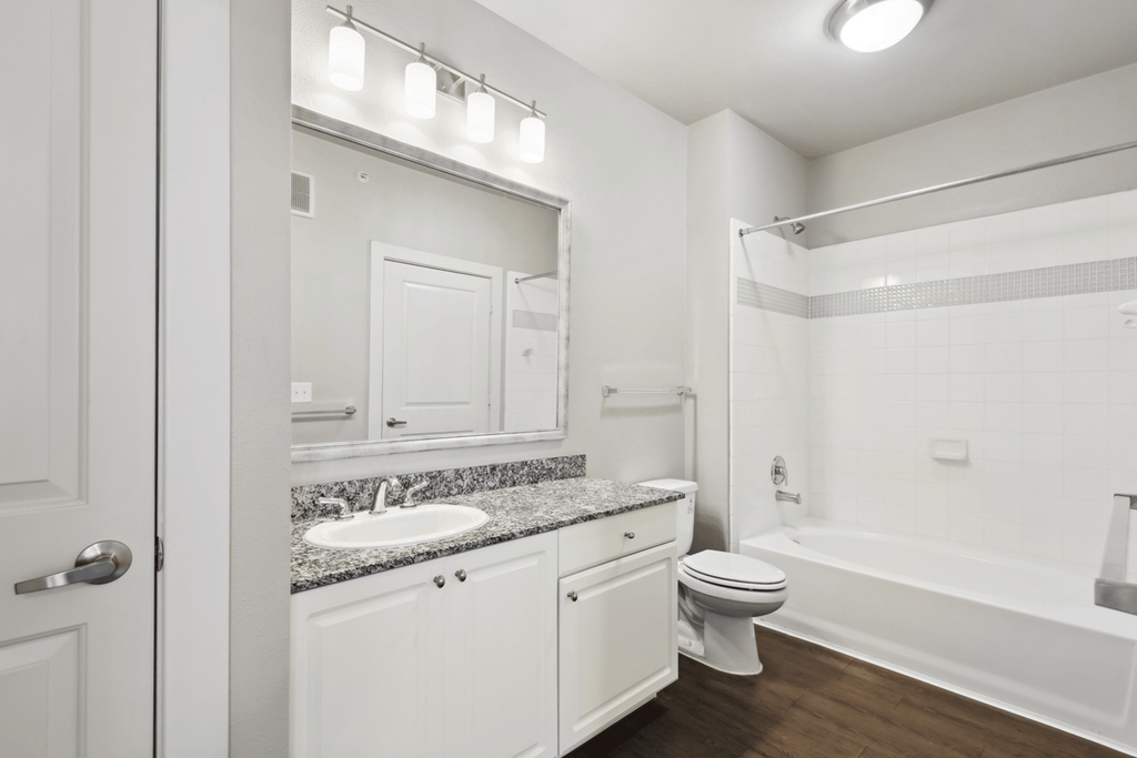 a bathroom with a sink toilet and shower and a mirror