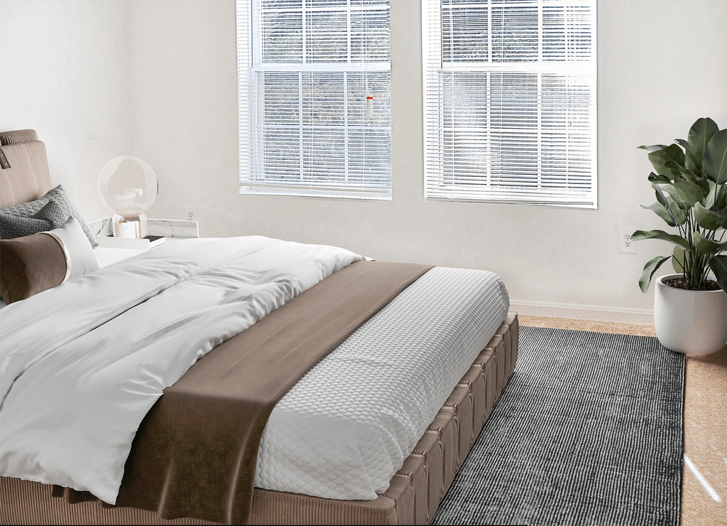 Vacant apartment bedroom with light tan carpet, white walls, and ceilings. The room has two windows on the back wall. Virtually staged with a bed, side table with lamp, standing potted plant in the corner and an accent rug.