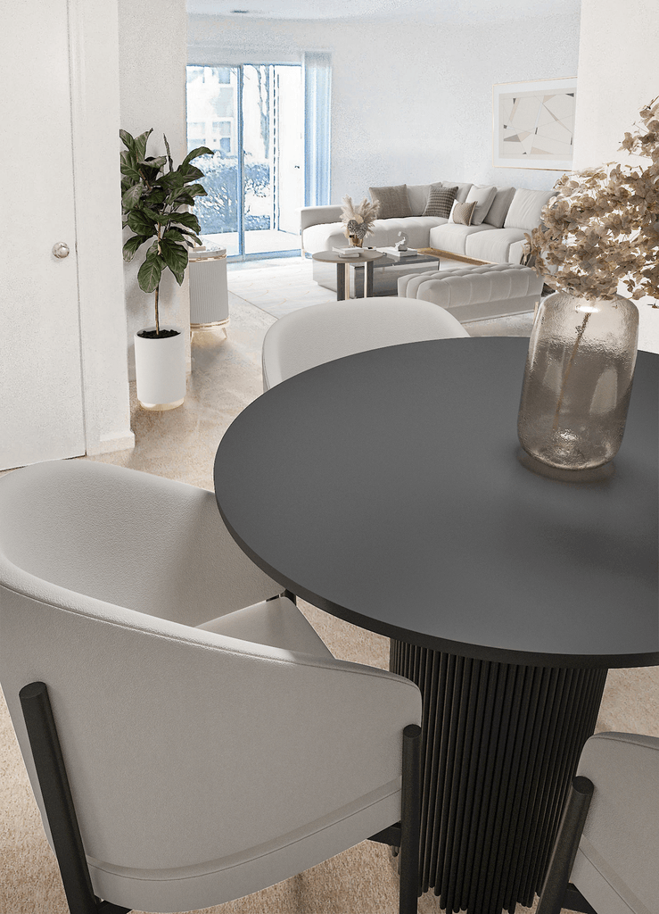 Dining room chairs and table viewing the couch in the living room