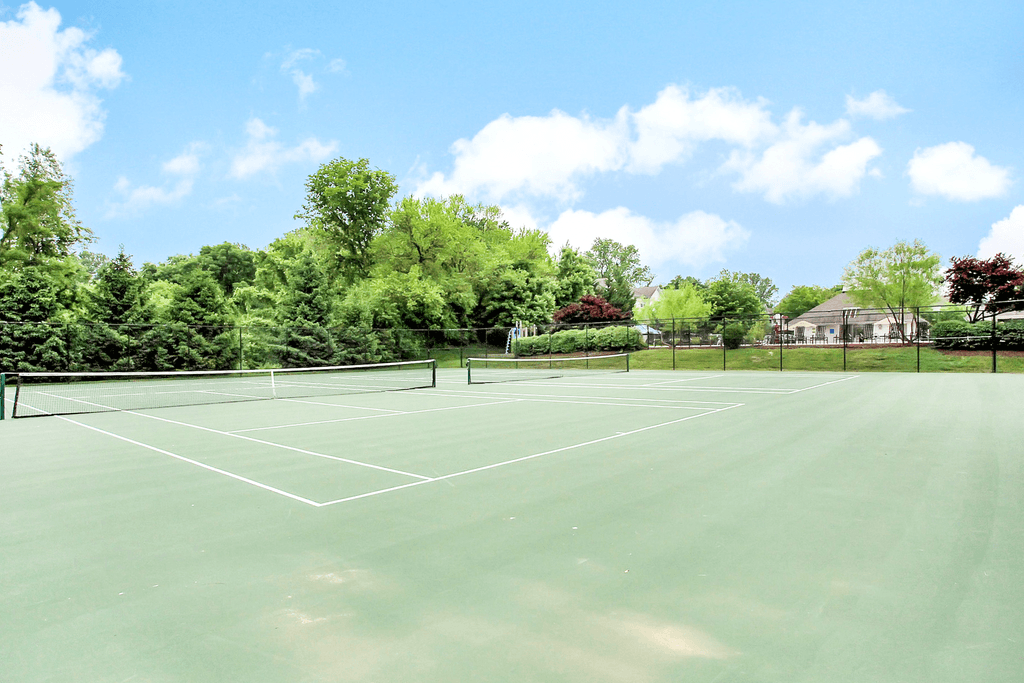 Two tennis corts facing swimming pool and playground surrounded by native landscaping