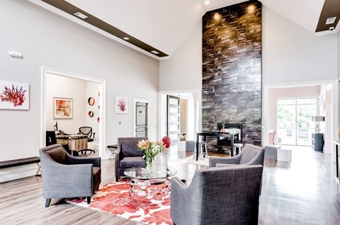 A living room with a grey couch and a red rug.