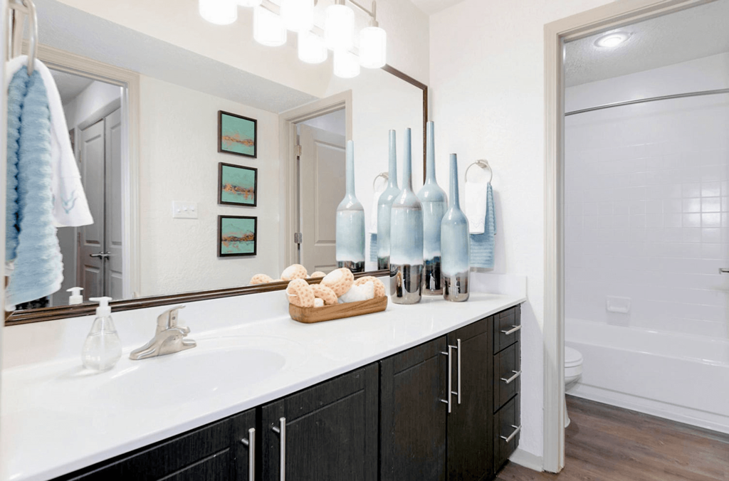 A bathroom with a white counter top and black cabinets at Madison Southpark Apartment Homes, Charlotte, NC