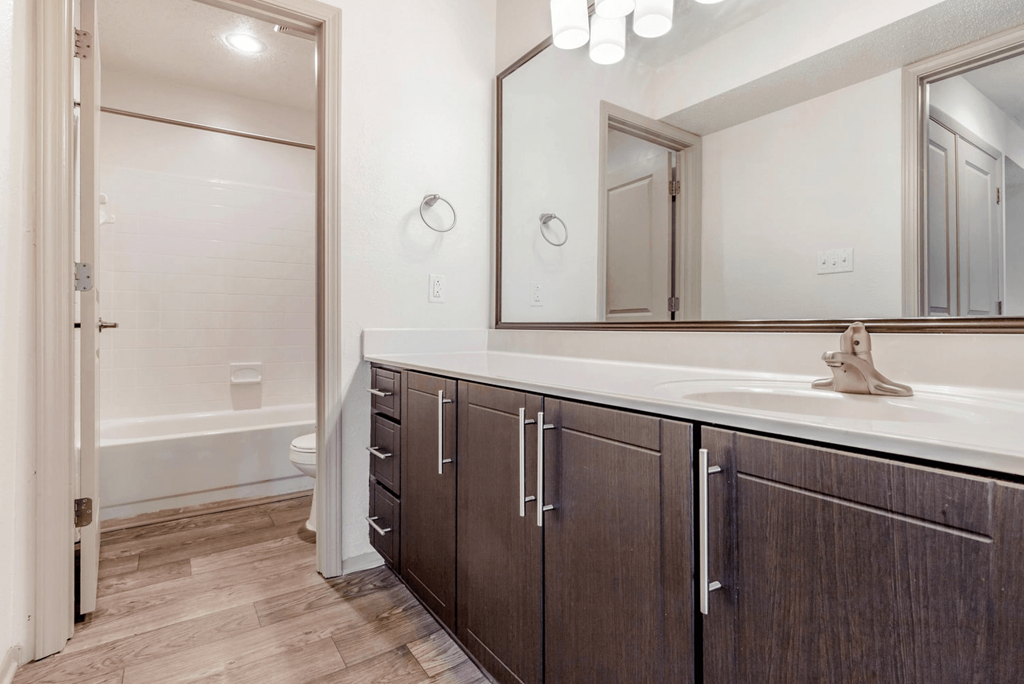 A bathroom with a white tub and brown cabinets at Madison Southpark Apartment Homes, Charlotte, 28226