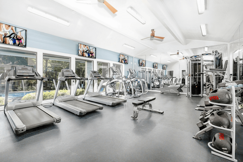 A gym with treadmills, weights, and exercise equipment at Madison Southpark Apartment Homes, Charlotte, North Carolina