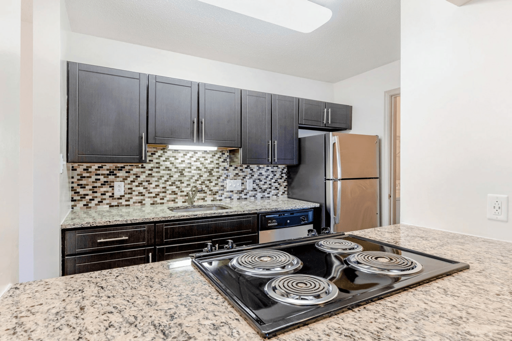 A kitchen with black cabinets and a granite countertop at Madison Southpark Apartment Homes, Charlotte