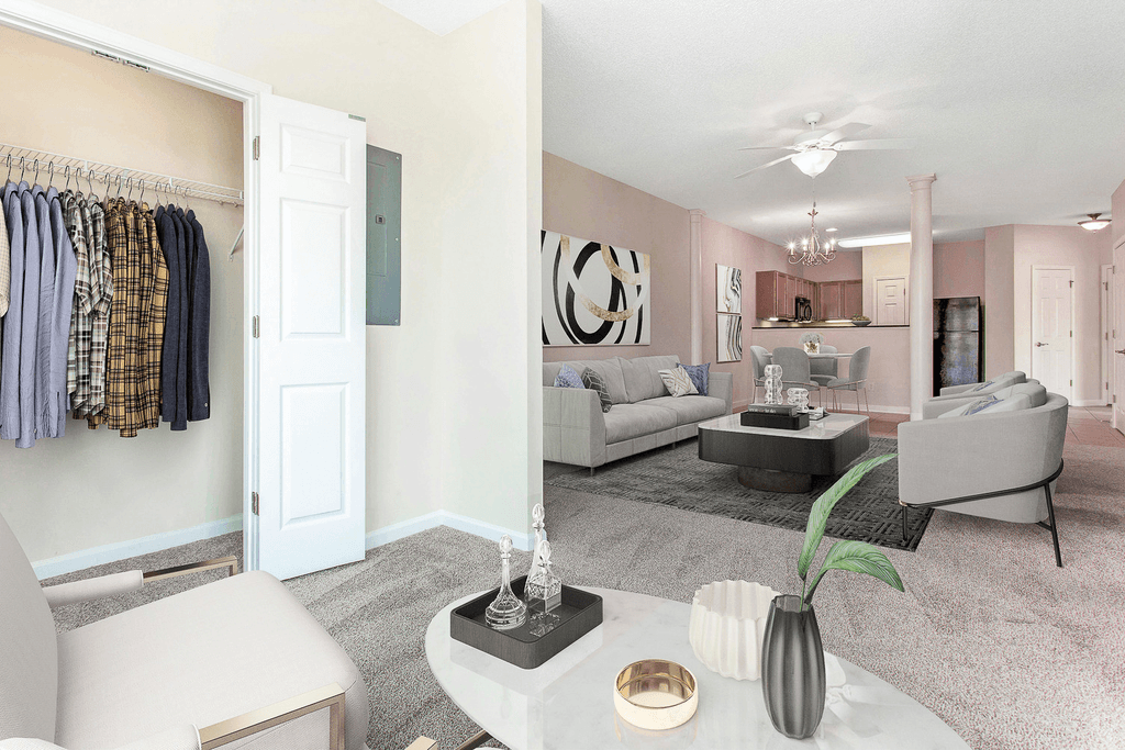 staged living room with carpeted flooring and ceiling fan at Ashley Court Apartments, Charlotte, NC, 28262