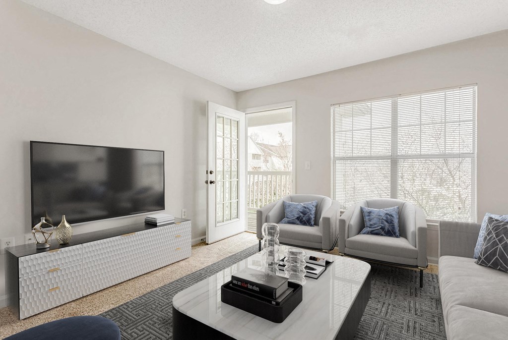 Living Room With TV at The Grayson Apartment Homes, Charlotte