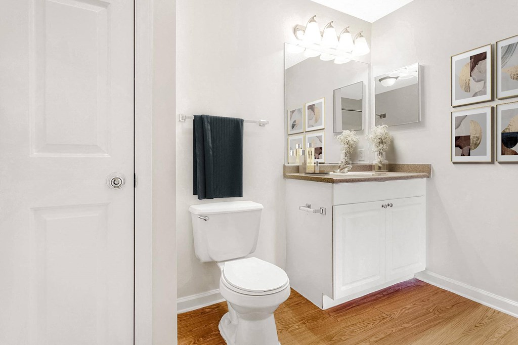 A white toilet is in a bathroom with a white cabinet and a mirror. at The Grayson Apartment Homes, Charlotte, 28262