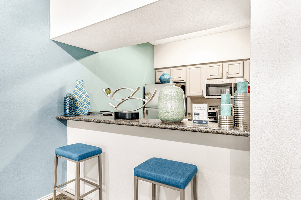 Clubhouse kitchen with granite countertops, barstools, stainless appliances, shaker cabinets and decor on bar top