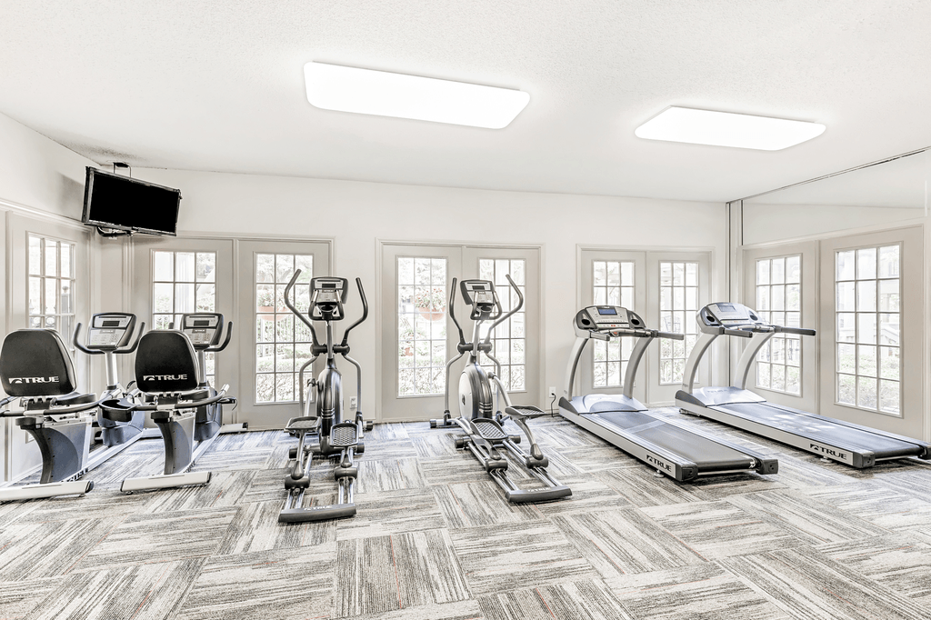 Fitness center with cardio machines, many windows and wall mounted television