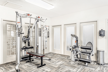 Fitness center with strength machines and frosted glass windows