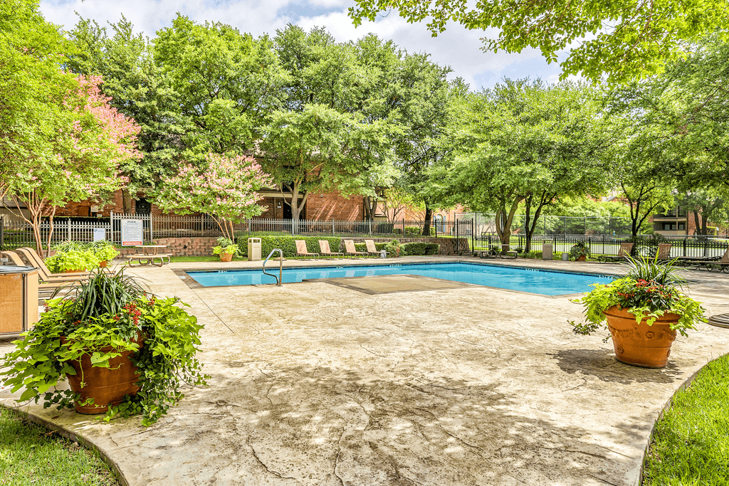 Swimming pool with lounge chairs, picnic table and native landscape