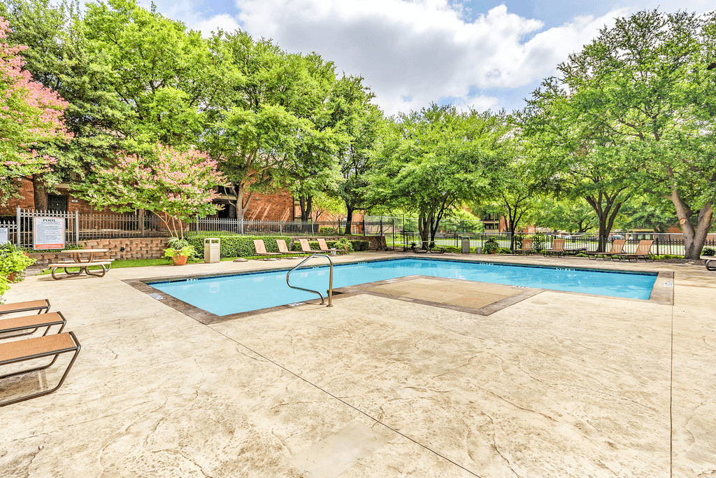 Swimming pool with lounge chairs, picnic table and native landscape