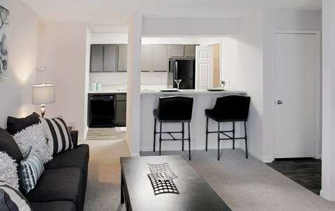 A black couch with grey and white pillows sits in a living room with a black coffee table in front of it.