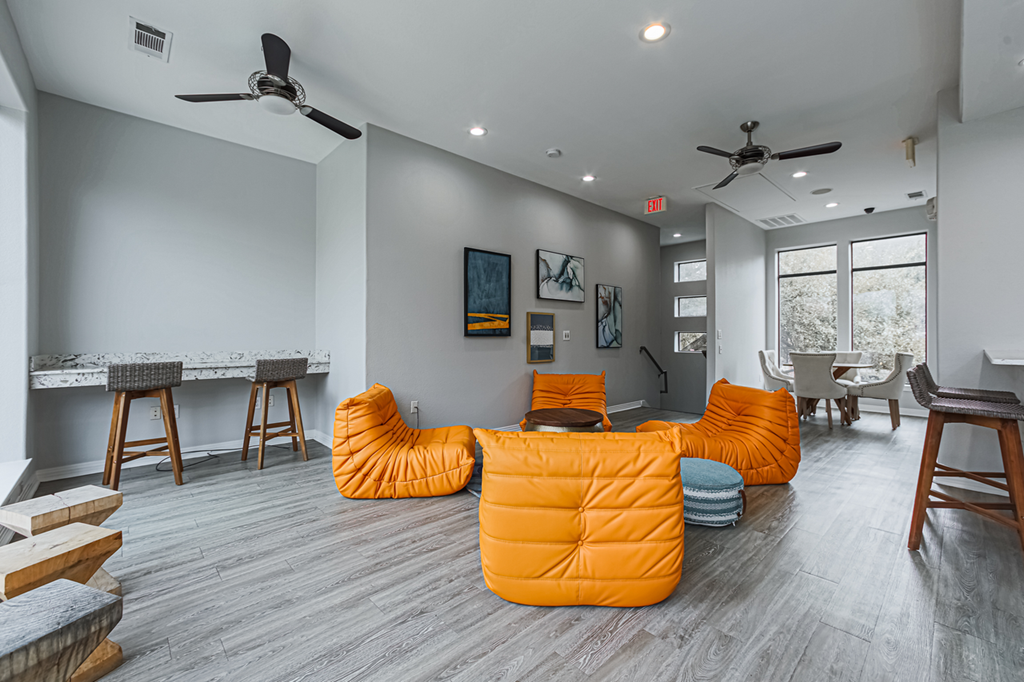 clubhouse with an orange couches