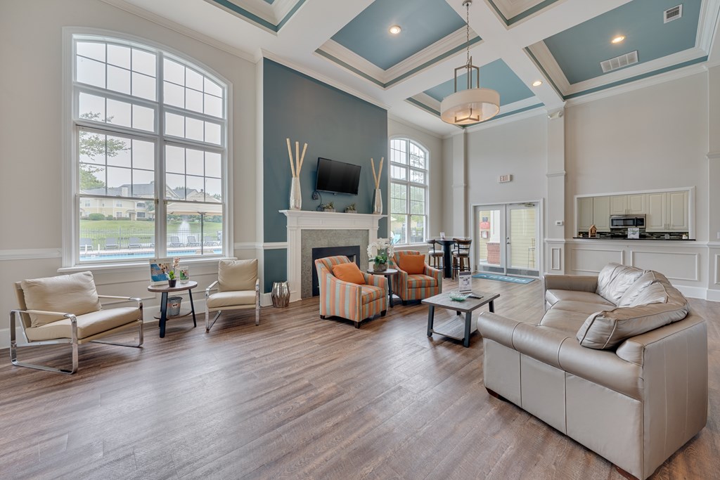 Clubhouse interior with fireplace.