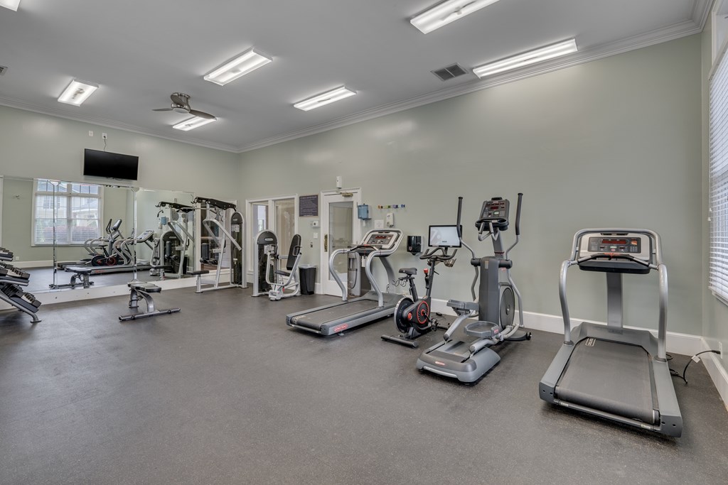 A spacious gym with a variety of cardio equipment.