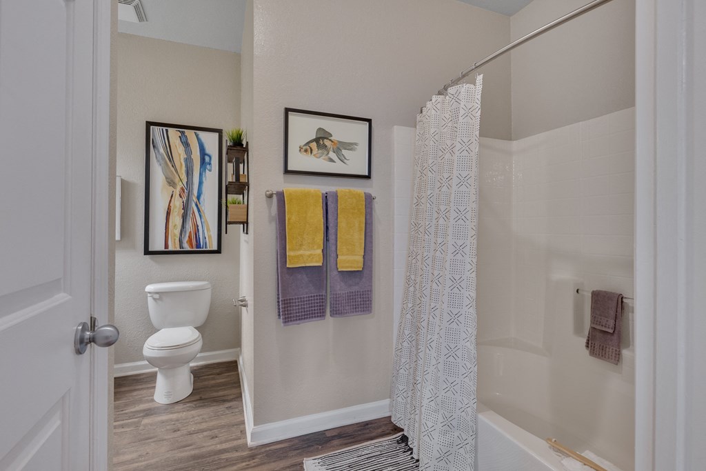 A bathroom with a toilet, a shower curtain, and a picture on the wall.