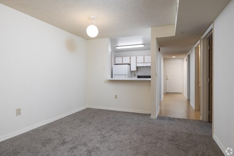 A spacious, empty room with a grey carpet and white walls.