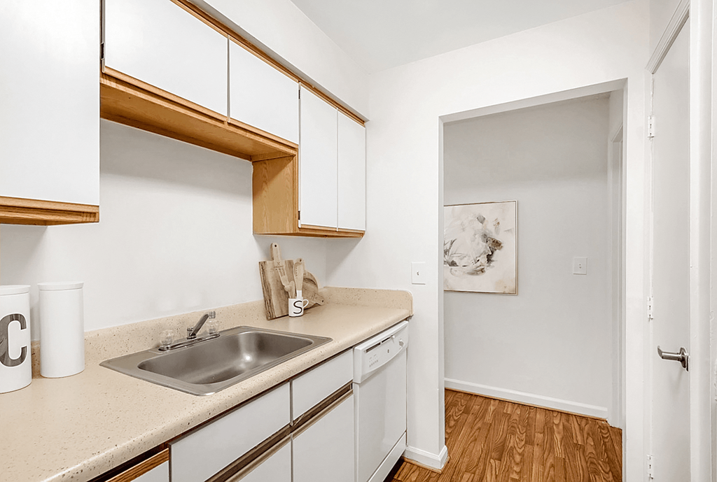 a kitchen with white cabinetry and a stainless steel sink