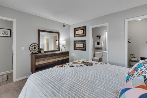 A bedroom with a large bed and a dresser with a mirror above it.