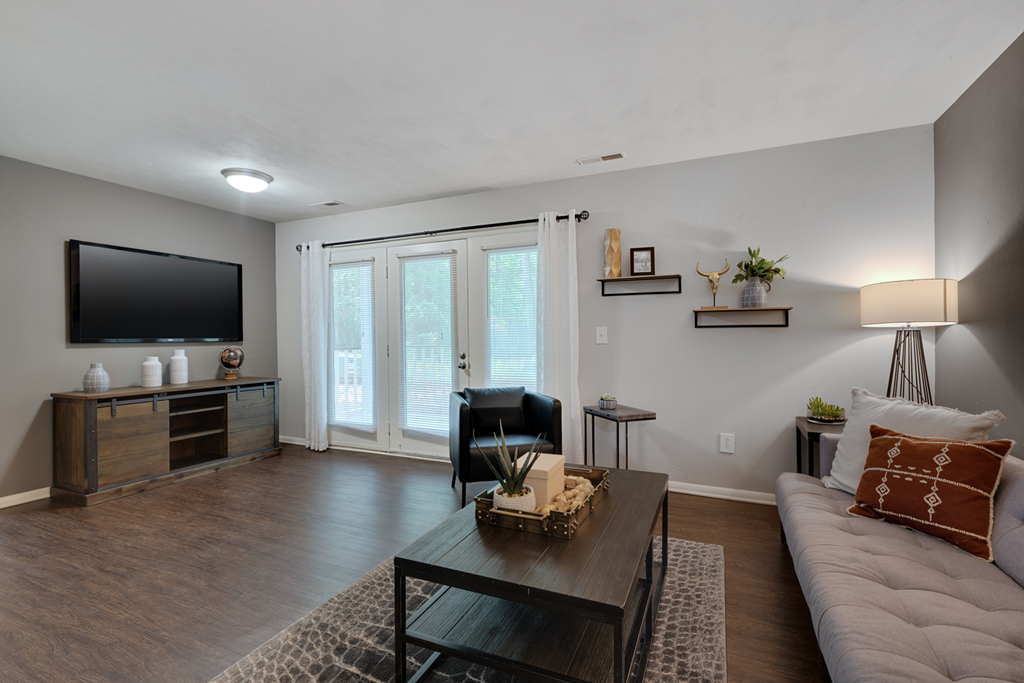 A living room with a couch, a coffee table, and a television.