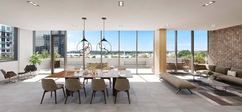 A modern living room with a dining table and chairs.