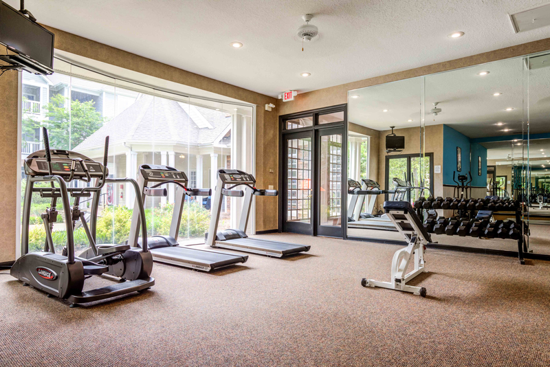 a gym with treadmills and weights on the floor and windows