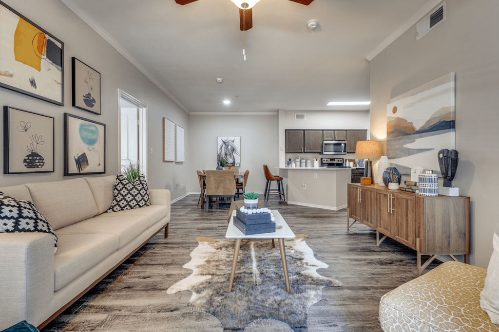 a living room with a couch and a table